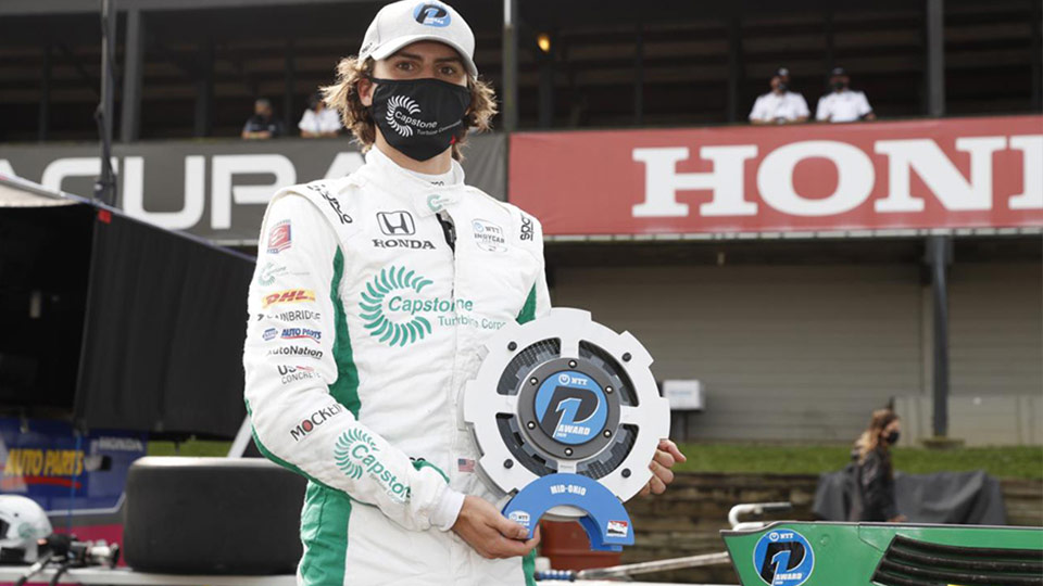 Colton Herta with the P1 award for Race 2 at Mid-Ohio